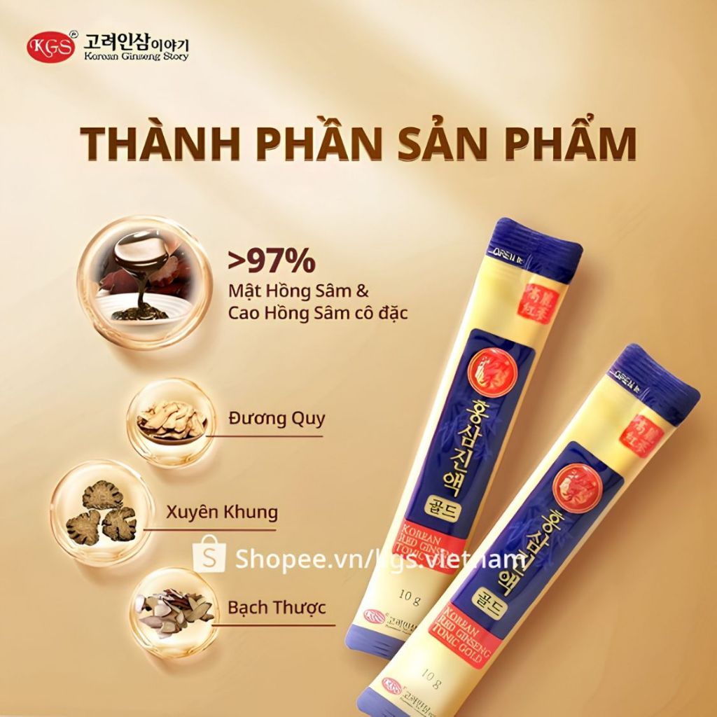 Nước Hồng Sâm Hàn Quốc KGS Tonic Gold – Hồng Sâm 6 Năm Bổ Sung Vitamin C, B3 - hộp 10 gói/ 60 gói