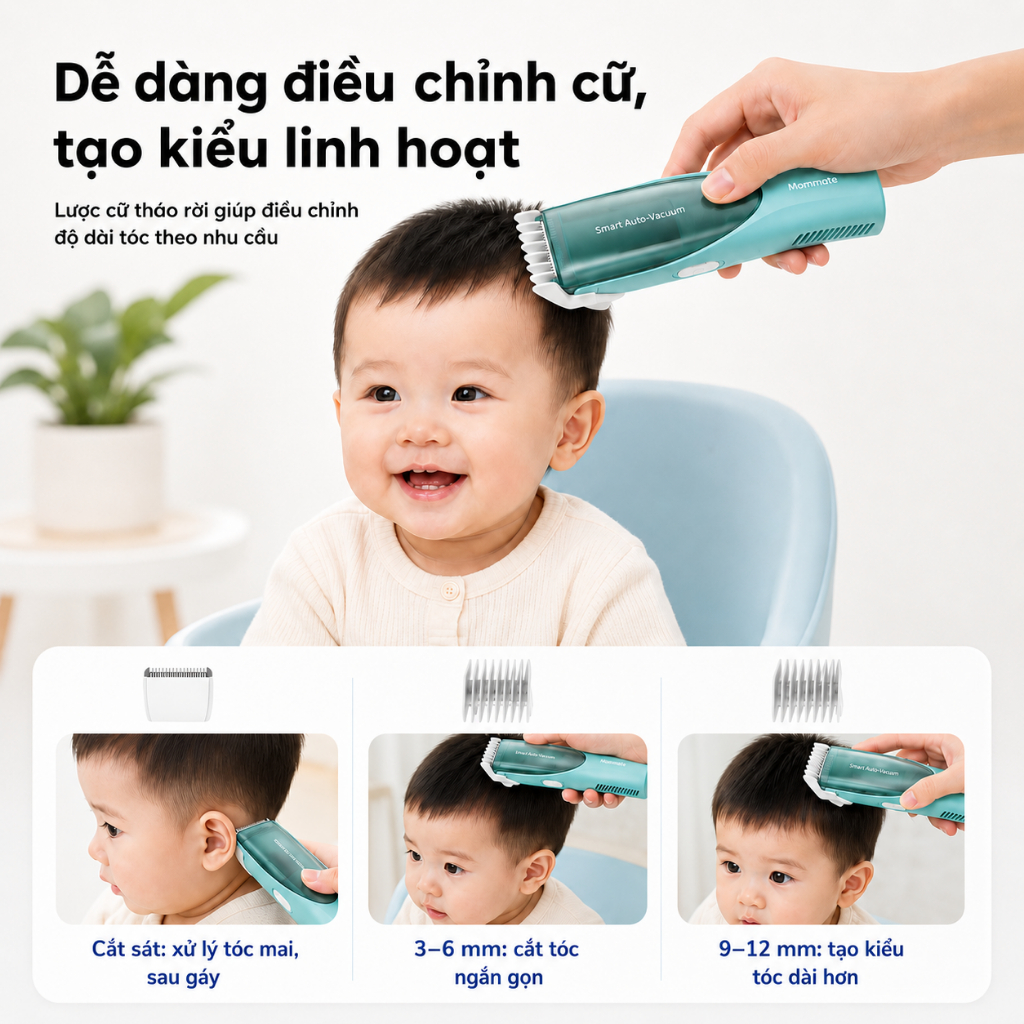 Tông Đơ Cắt Tóc Cho Bé Mommate Tích Hợp Hút Tóc Tự Động - Êm Ái, Không Vương Tóc