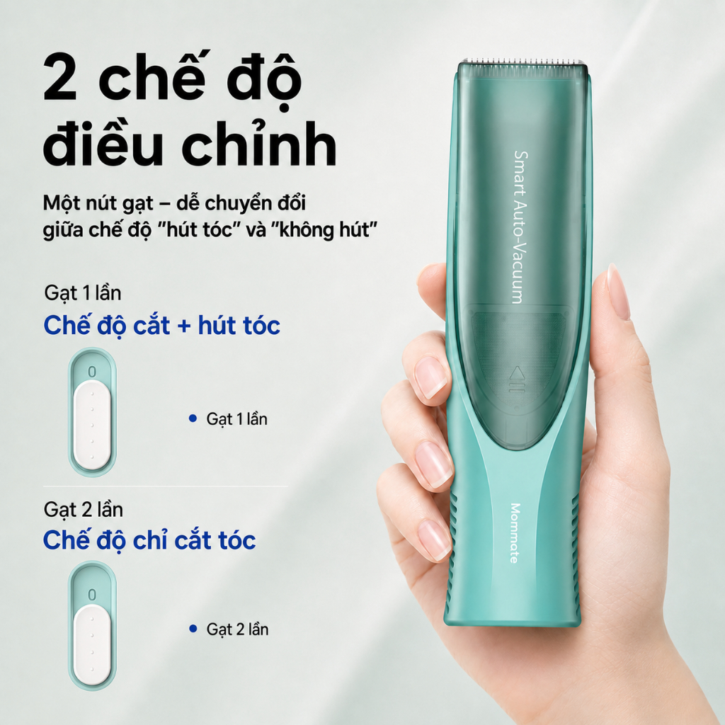 Tông Đơ Cắt Tóc Cho Bé Mommate Tích Hợp Hút Tóc Tự Động - Êm Ái, Không Vương Tóc