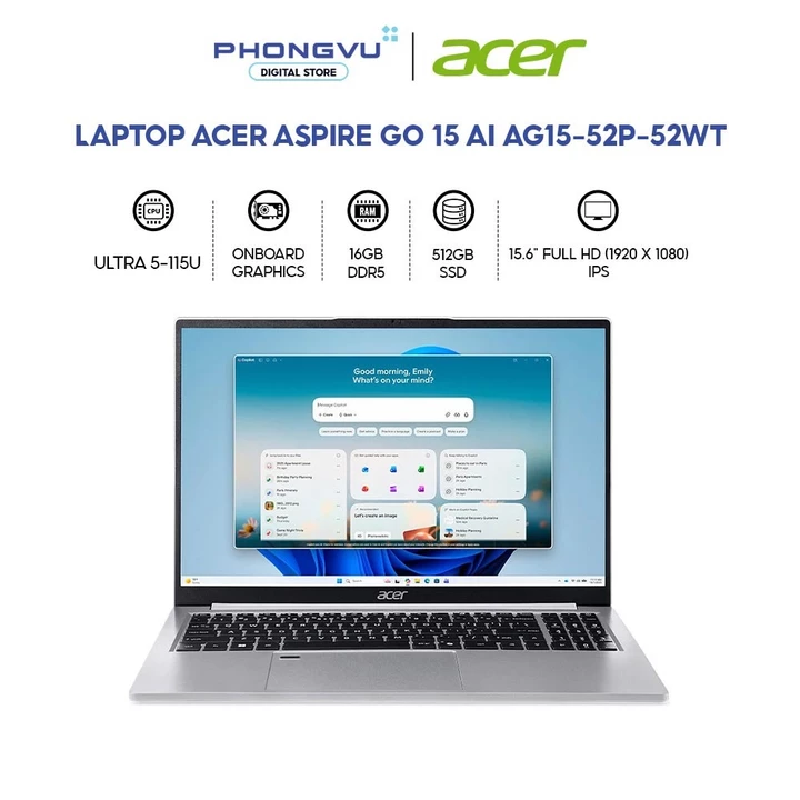 Laptop Acer Aspire Go 15 AI AG15-52P-52WT (Ultra 5-115U/ 16GB/ 512GB/ Windows 11 Home SL) - Bảo hành 12 tháng