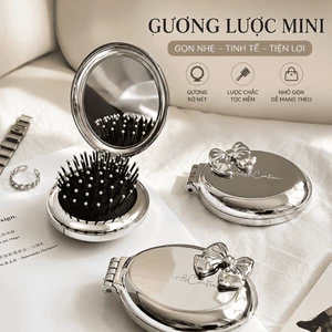 Gương Kèm Lược Gấp Gọn Bỏ Túi, Thiết Kế Vỏ Tráng Bạc Đính Nơ Sang Trọng Phong Cách Tiểu Thư Nhỏ Gọn Tiện Lợi Cho Du Lịch