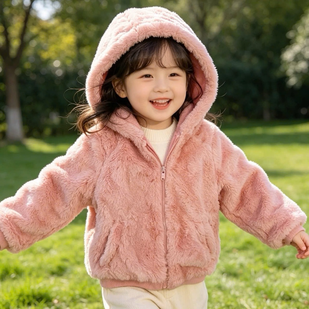 Áo khoác lông bé gái có mũ form nhỏ xuất dư xịn C6001 cho bé 3-5 tuổi (9-14kg) ấm mềm cao cấp
