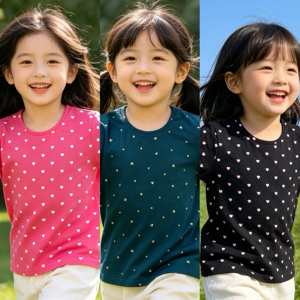 Áo thun cotton bé gái họa tiết A14 3 màu siêu xinh co giãn size 110-130 (18-24kg) thoáng mát