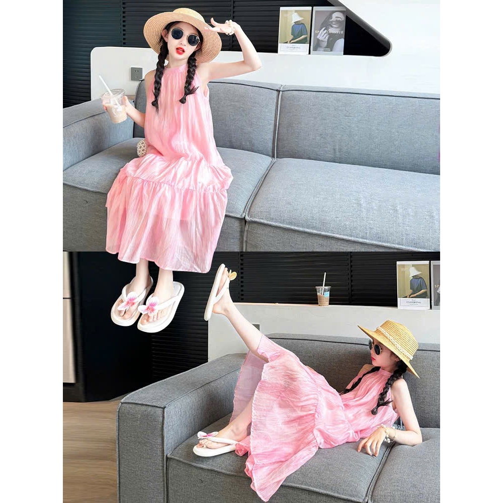 Đầm maxi tầng bèo form rộng cho bé gái phong cách tiểu thư Hàn Quốc váy sát nách chất voan mềm mẹ bé diện đi biển