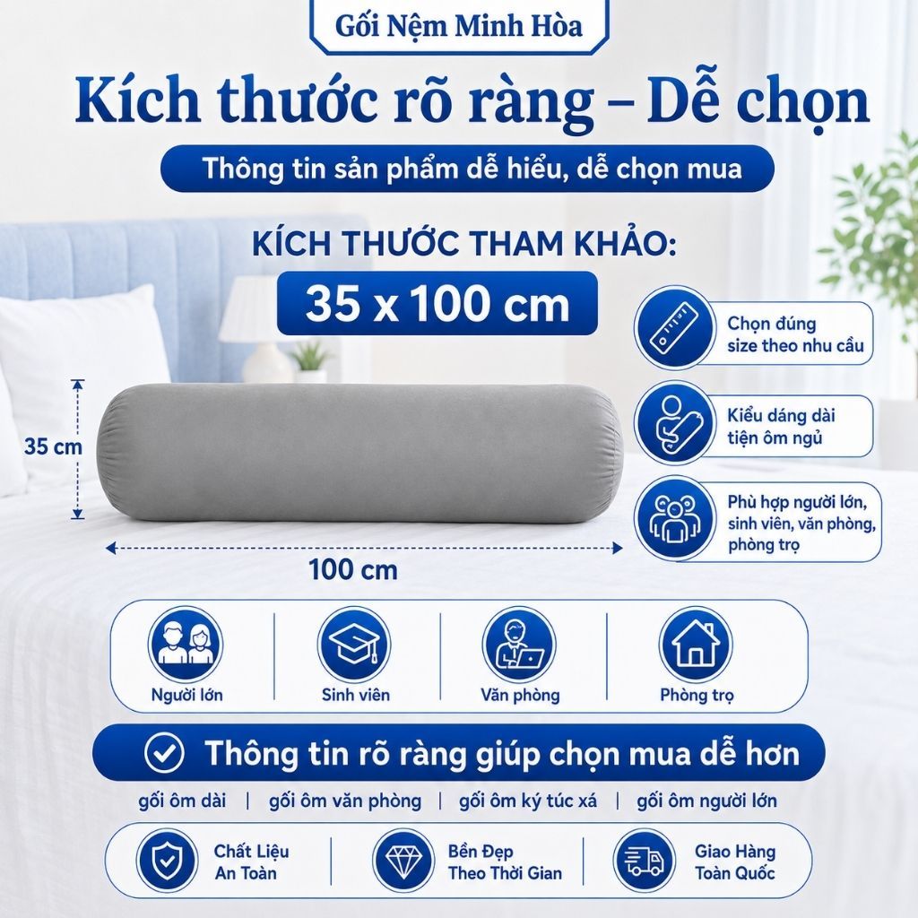 Gối Ôm Cao Su Non American Memory Foam Dài – Gối Thoáng Khí, Thoải Mái Khi Dùng, Êm Mịn, Kháng Khuẩn, Bền Đẹp