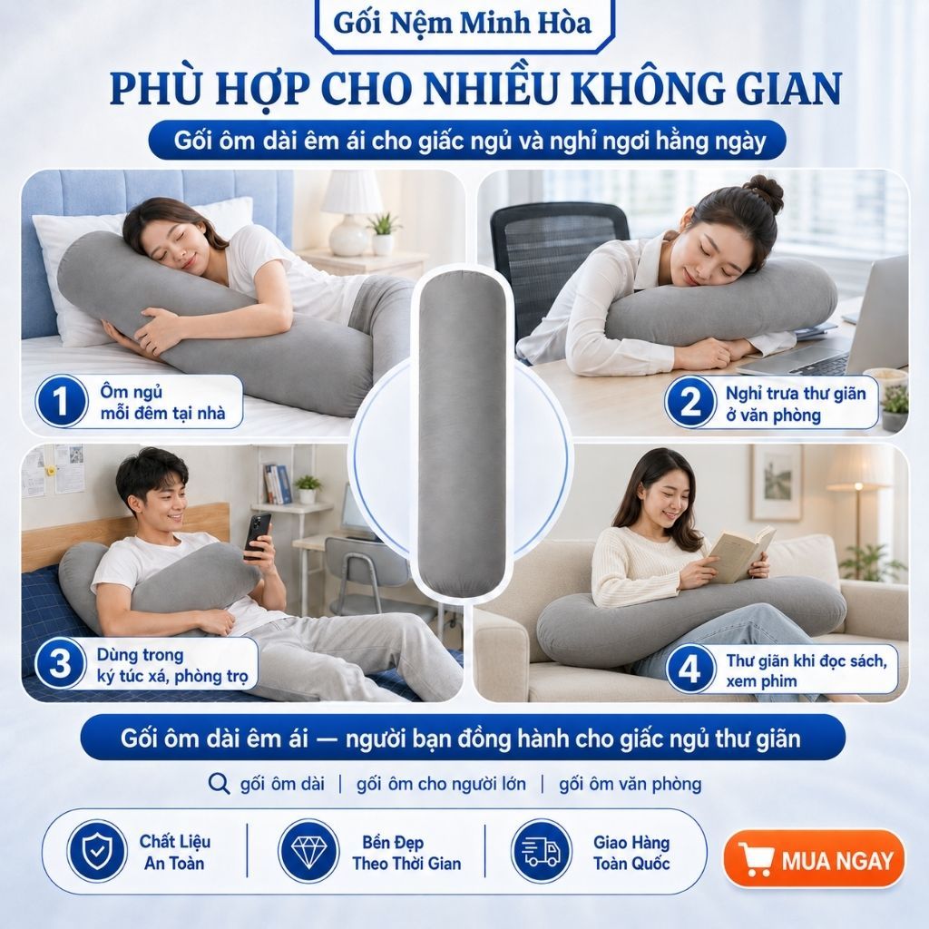 Gối Ôm Cao Su Non American Memory Foam Dài – Gối Thoáng Khí, Thoải Mái Khi Dùng, Êm Mịn, Kháng Khuẩn, Bền Đẹp
