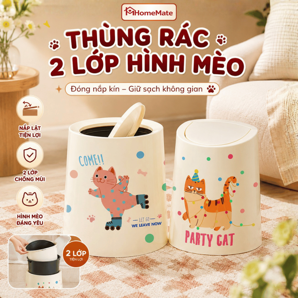 Thùng Rác HomeMate 2 Lớp Hình Mèo Dễ Thương, Thùng Rác Có Nắp Lật Đậy Kín Chất Liệu PP Cao Cấp