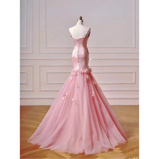 Đầm Dạ Hội Đuôi Cá Màu Hồng Satin Cao Cấp Cúp Ngực Phối Lưới 3D Hoa Nổi Sang Trọng Dự Tiệc Sự Kiện Chụp Ảnh