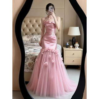 Đầm Dạ Hội Đuôi Cá Màu Hồng Satin Cao Cấp Cúp Ngực Phối Lưới 3D Hoa Nổi Sang Trọng Dự Tiệc Sự Kiện Chụp Ảnh