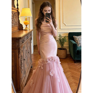 Đầm Dạ Hội Đuôi Cá Màu Hồng Satin Cao Cấp Cúp Ngực Phối Lưới 3D Hoa Nổi Sang Trọng Dự Tiệc Sự Kiện Chụp Ảnh