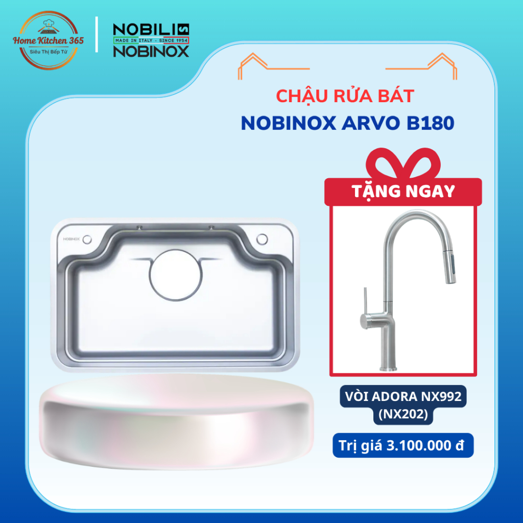 [TẶNG VÒI] CHẬU RỬA BÁT 1 HỐ NOBINOX ARVO B180 - Chất Liệu Inox 304, Thiết Kế Sang Trọng