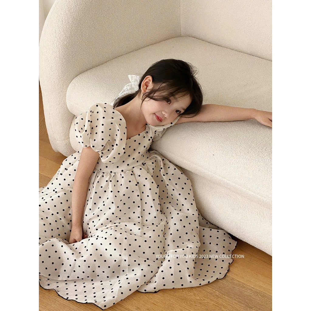 Đầm bé gái chấm bi tay phồng phong cách tiểu thư Hàn Quốc váy dài công chúa form xòe nhẹ sang trọng cho mẹ bé đi tiệc