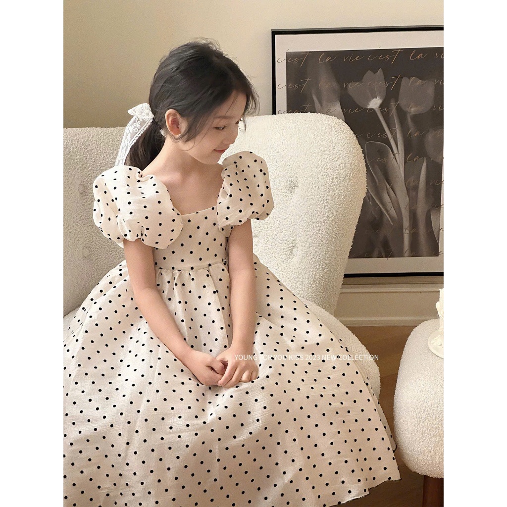 Đầm bé gái chấm bi tay phồng phong cách tiểu thư Hàn Quốc váy dài công chúa form xòe nhẹ sang trọng cho mẹ bé đi tiệc