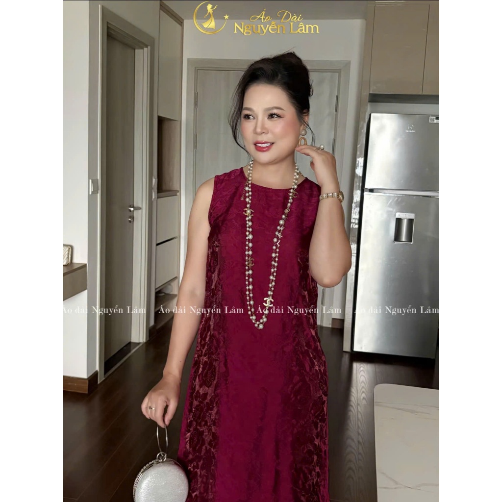 Váy Xuông Trung Niên Nữ Tơ Hoa Hồng Ánh Kim Tencel Sang Trọng, Quý Phái, Đi Tiệc, Đám Cưới, Form xuông sát nách, che eo