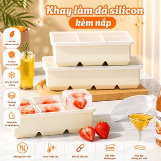 Khay Làm Đá Silicon Có Nắp Chống Mùi Tủ Lạnh, Khay Làm Đá Thông Minh 4-6-8 Viên Dẻo Mềm Dễ Lấy Đá An Toàn Thực Phẩm