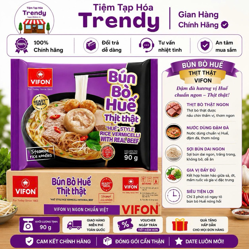 Bún Bò Huế Thịt Thật Vifon 90G Thùng 20 Gói - Chuẩn Vị Bún Bò