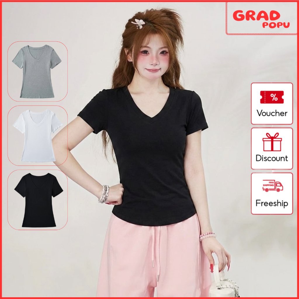 Áo thun nữ GRADPOPU tay ngắn cổ V ôm eo gợi cảm, áo hè nữ basic chất cotton 4 chiều thoáng mát PAT36