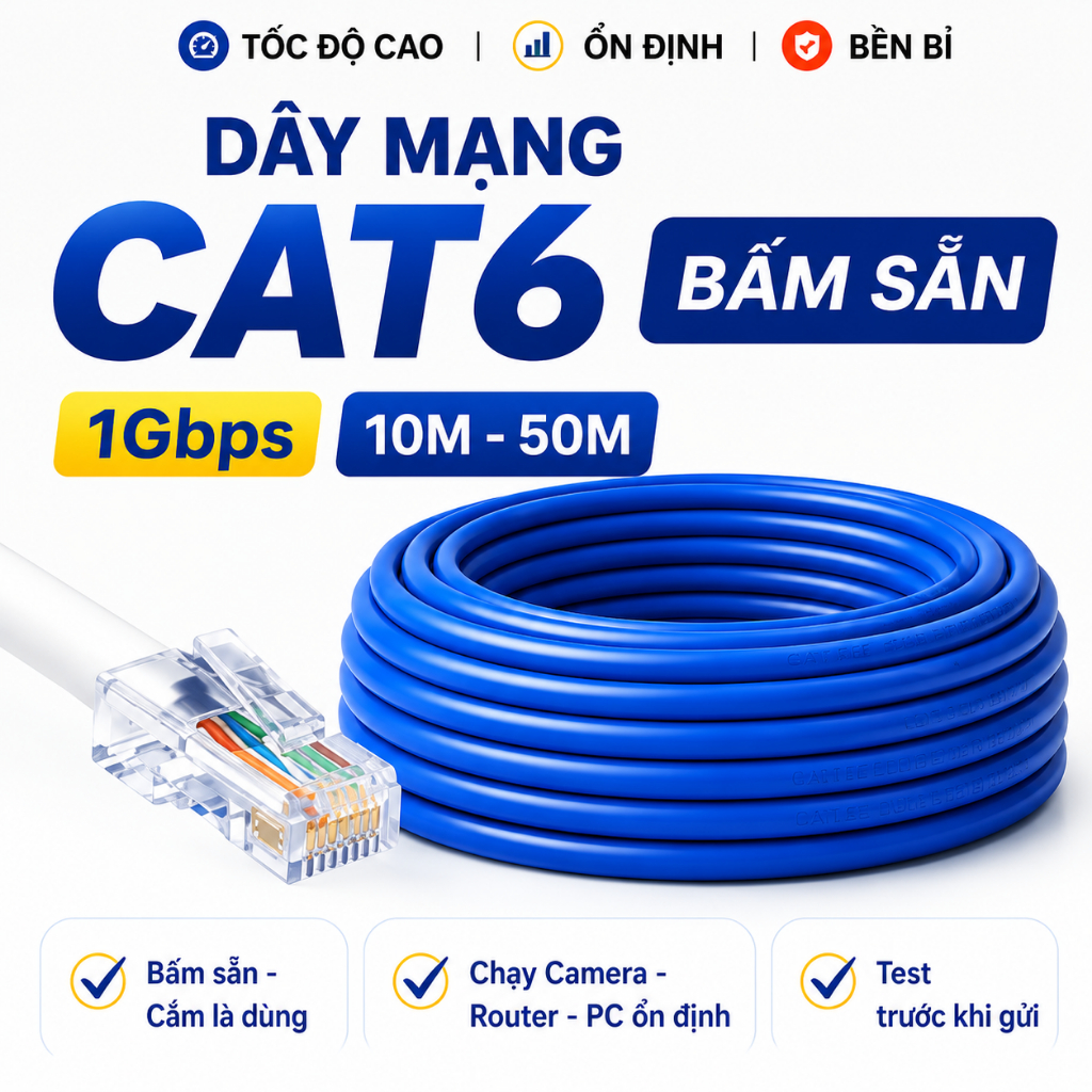 Dây Mạng CAT6 Bấm Sẵn 2 Đầu 5M-50M Dây Cáp Mạng LAN RJ45 Dây Internet Máy Tính Camera WiFi Router