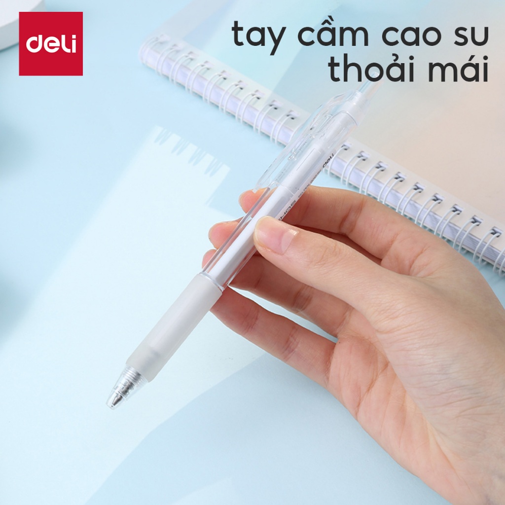 Bút Gel Bấm Học Sinh Deli 0.5mm Đầu Đạn Siêu Trơn - Mực Đen Viết Mượt Tay Cầm Cao Su Êm Tay