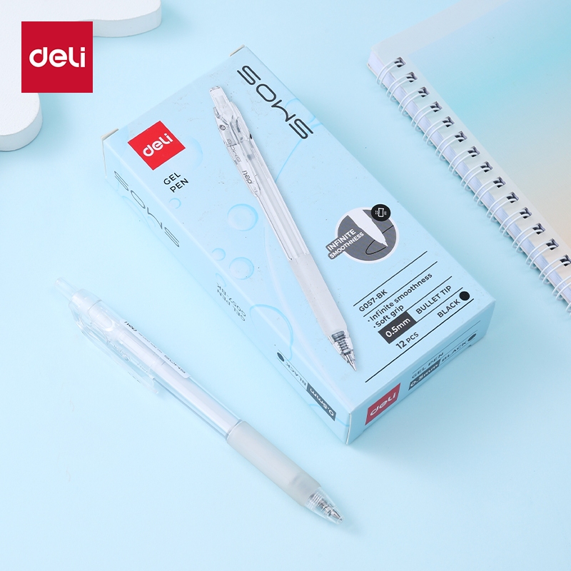 Bút Gel Bấm Học Sinh Deli 0.5mm Đầu Đạn Siêu Trơn - Mực Đen Viết Mượt Tay Cầm Cao Su Êm Tay