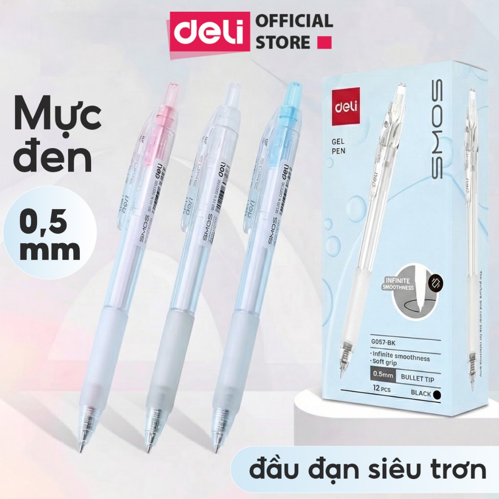 Bút Gel Bấm Học Sinh Deli 0.5mm Đầu Đạn Siêu Trơn - Mực Đen Viết Mượt Tay Cầm Cao Su Êm Tay