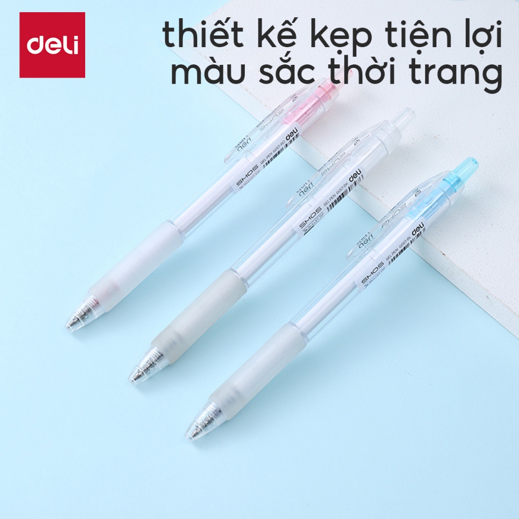 Bút Gel Bấm Học Sinh Deli 0.5mm Đầu Đạn Siêu Trơn - Mực Đen Viết Mượt Tay Cầm Cao Su Êm Tay