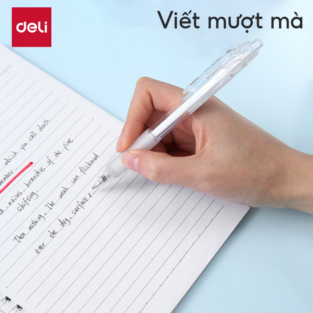 Bút Gel Bấm Học Sinh Deli 0.5mm Đầu Đạn Siêu Trơn - Mực Đen Viết Mượt Tay Cầm Cao Su Êm Tay