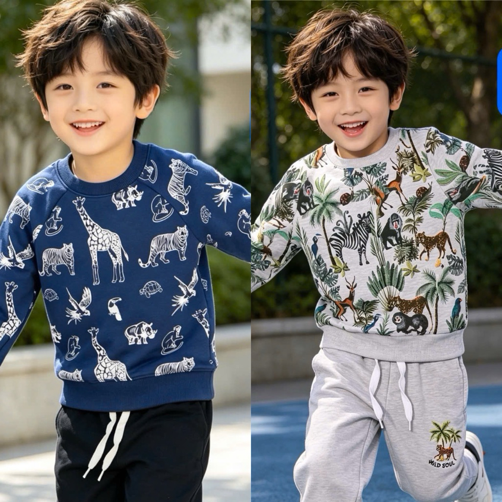 Bộ Nỉ Bé Trai Họa Tiết Động Vật Đáng Yêu C4548 Mặc Thu Đông Mềm Mại Size 2-9Y (14-28kg)