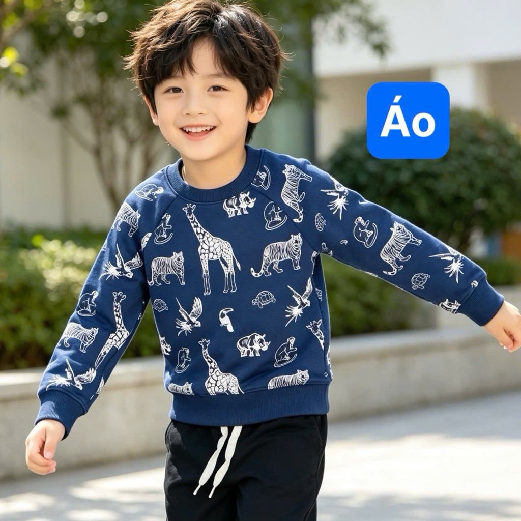 Bộ Nỉ Bé Trai Họa Tiết Động Vật Đáng Yêu C4548 Mặc Thu Đông Mềm Mại Size 2-9Y (14-28kg)