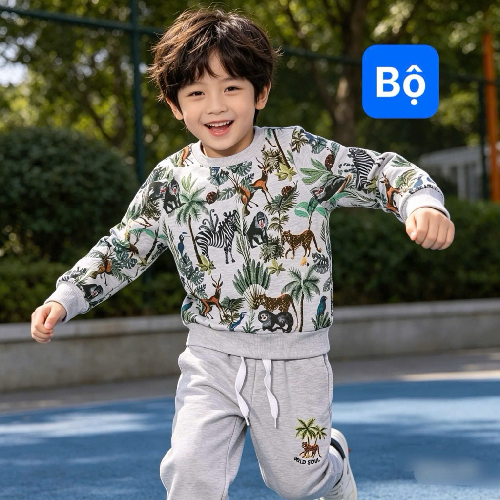 Bộ Nỉ Bé Trai Họa Tiết Động Vật Đáng Yêu C4548 Mặc Thu Đông Mềm Mại Size 2-9Y (14-28kg)