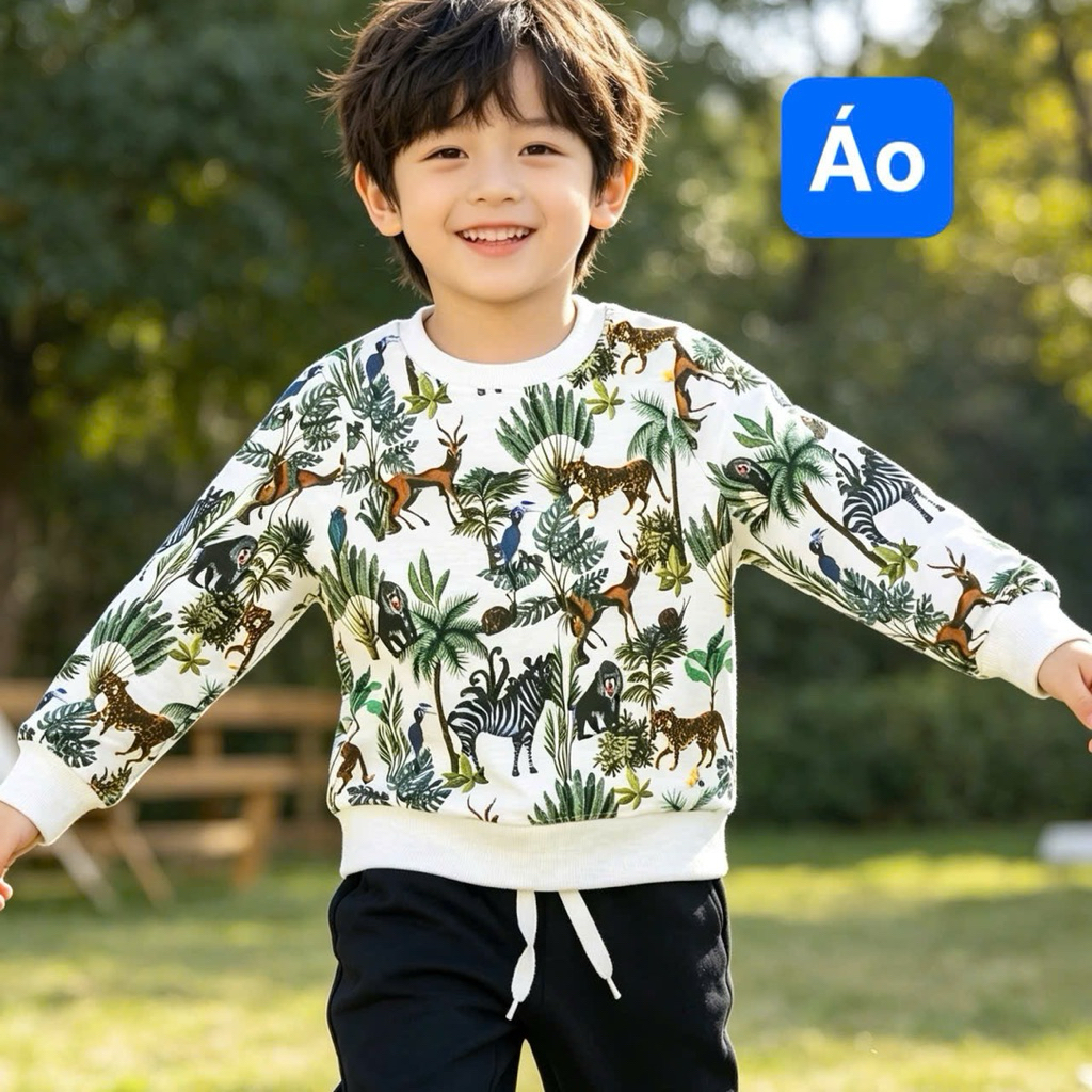 Bộ Nỉ Bé Trai Họa Tiết Động Vật Đáng Yêu C4548 Mặc Thu Đông Mềm Mại Size 2-9Y (14-28kg)