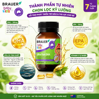 Viên uống DHA cho trẻ từ 7 tháng Brauer Baby & Kids Ultra Pure hỗ trợ phát triển não bộ hộp 60 viên