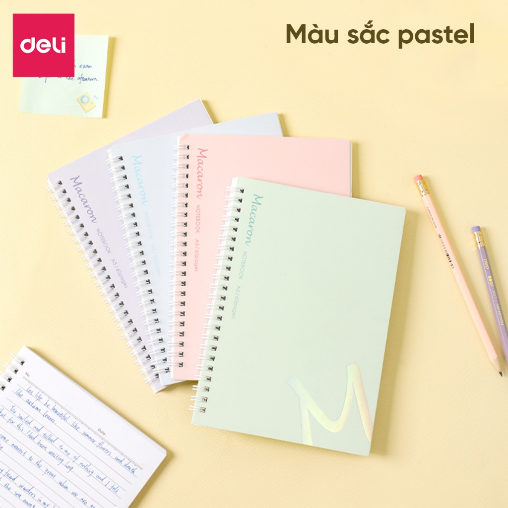 Sổ lò xo 60 tờ nhiều màu Deli- Sổ A5 120 trang giấy kẻ ngang pastel cho học sinh sinh viên văn phòng