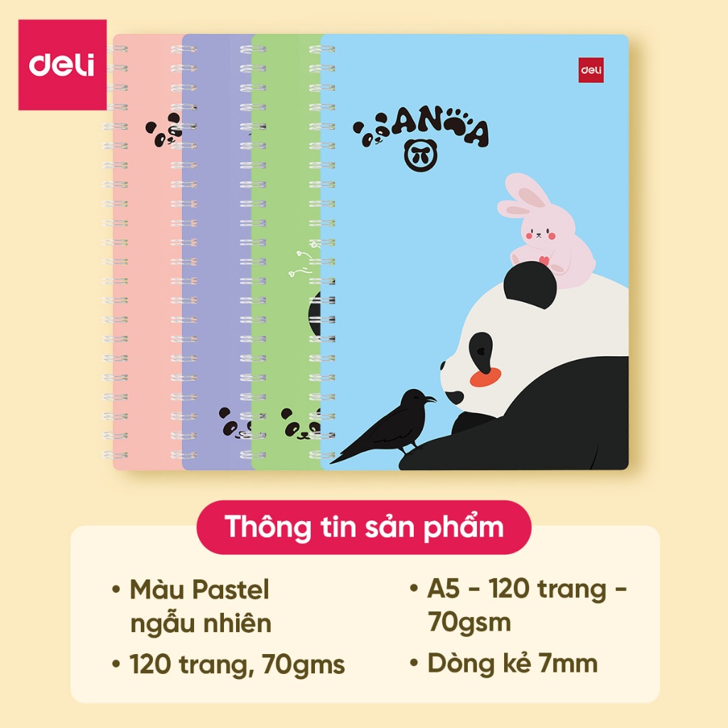 Sổ lò xo 60 tờ nhiều màu Deli- Sổ A5 120 trang giấy kẻ ngang pastel cho học sinh sinh viên văn phòng