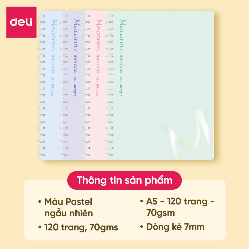 Sổ lò xo 60 tờ nhiều màu Deli- Sổ A5 120 trang giấy kẻ ngang pastel cho học sinh sinh viên văn phòng