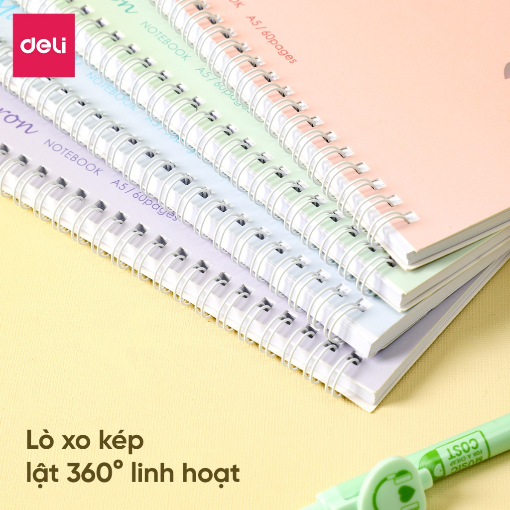 Sổ lò xo 60 tờ nhiều màu Deli- Sổ A5 120 trang giấy kẻ ngang pastel cho học sinh sinh viên văn phòng