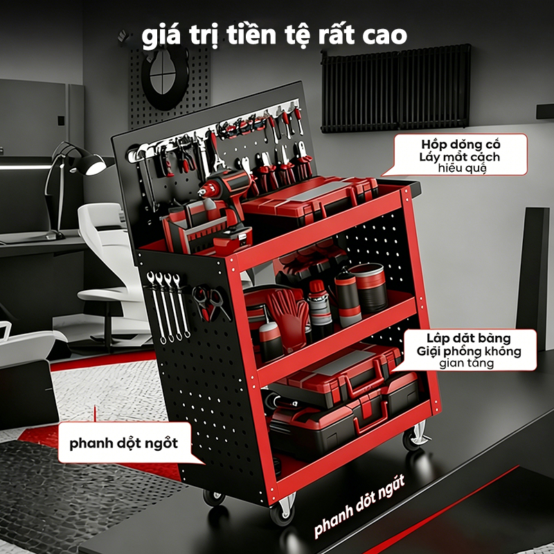 Xe đẩy dụng cụ đồ nghề 3 tầng bánh xe xoay 360 độ Lớp phủ chống gỉ Đựng Đồ Gia Đình Sửa Chữa Đa Năng