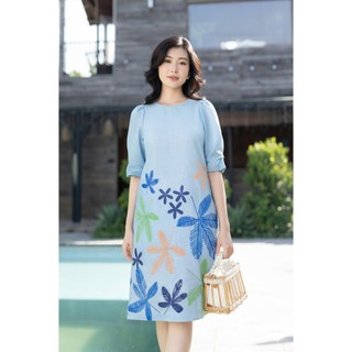 SWANLAKE | Váy Đầm Nữ Midi Suông Linen Lụa Cao Cấp Cổ Tròn Tay Bí Hoạ Tiết Hè Thoải Mái D11013