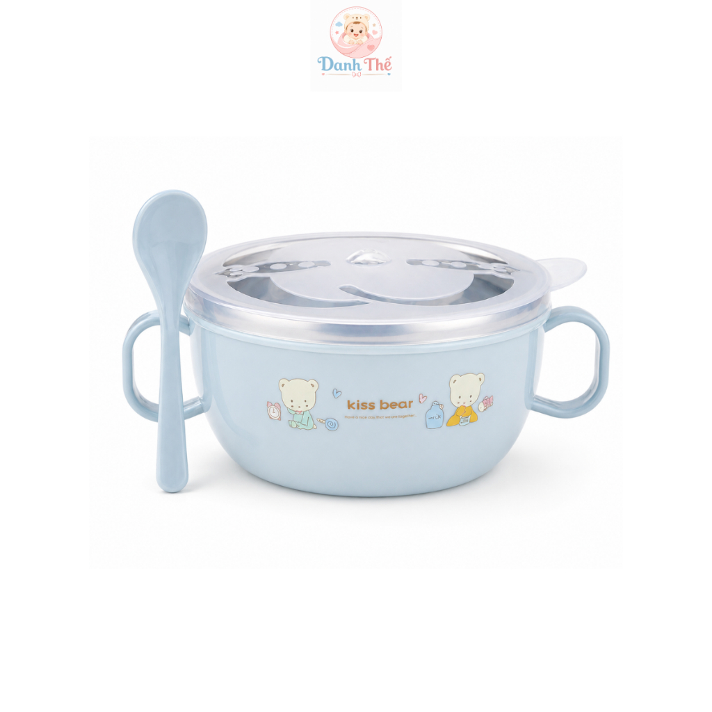 (Tặng kèm muỗng, thìa) Bát Ăn Dặm Inox 304 Giữ Nhiệt Có Tay cầm an toàn.