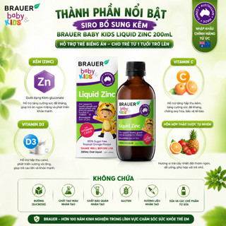 Siro bổ sung Kẽm, Vitamin C và D Brauer Úc Baby & Kids Liquid Zinc cho bé trên 1 tuổi (200ml)
