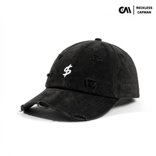 RecklessCapman Mũ Lưỡi Trai Jean Wash Rách Màu Đen Nón $ Unisex Freesize Thêu Logo $ Không Kích Ứng