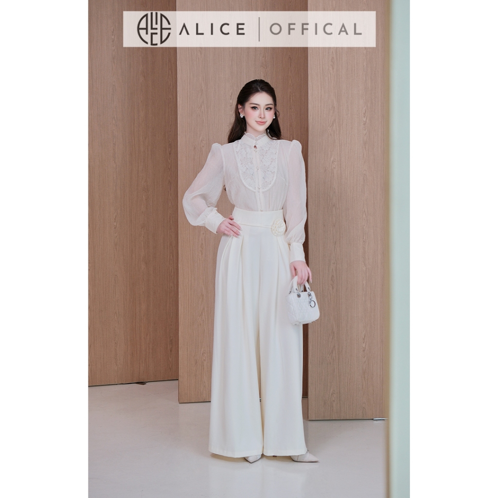 Set Bộ Áo Tơ Nhăn Cổ Tàu Phối Ren Cao Cấp Alice, Kèm Áo Quây & Quần Suông Ống Rộng Thời Trang Nữ Sang Chảnh S1087