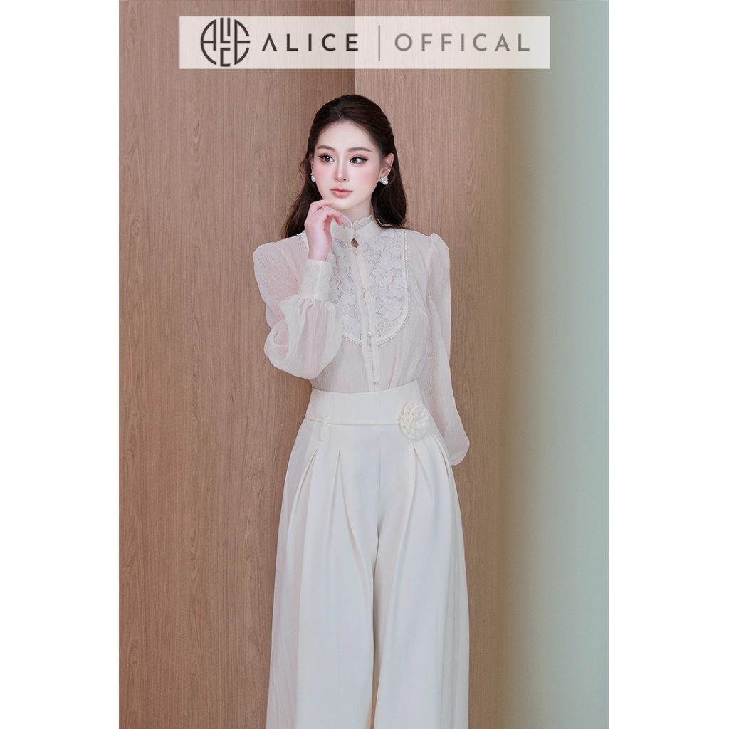 Set Bộ Áo Tơ Nhăn Cổ Tàu Phối Ren Cao Cấp Alice, Kèm Áo Quây & Quần Suông Ống Rộng Thời Trang Nữ Sang Chảnh S1087