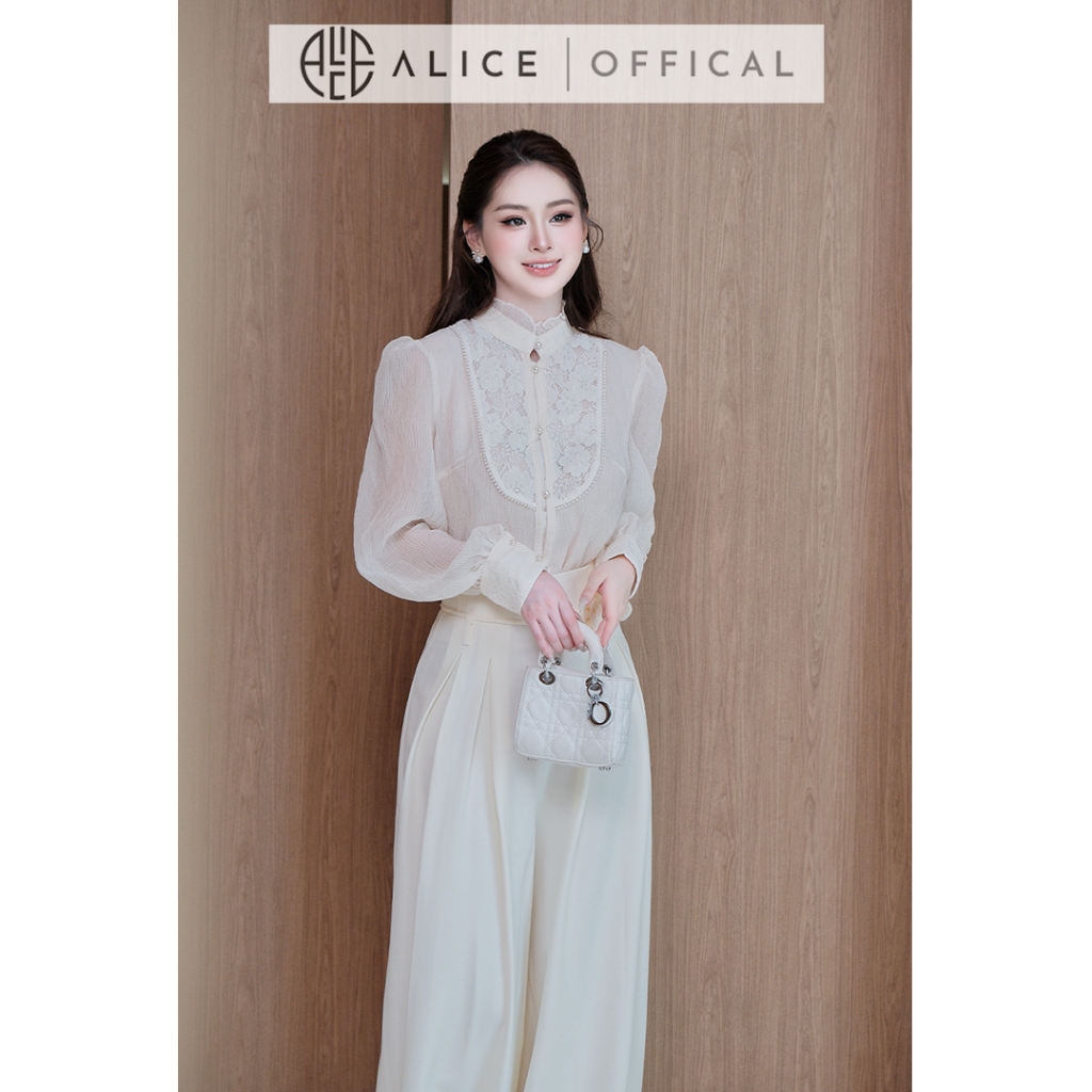 Set Bộ Áo Tơ Nhăn Cổ Tàu Phối Ren Cao Cấp Alice, Kèm Áo Quây & Quần Suông Ống Rộng Thời Trang Nữ Sang Chảnh S1087