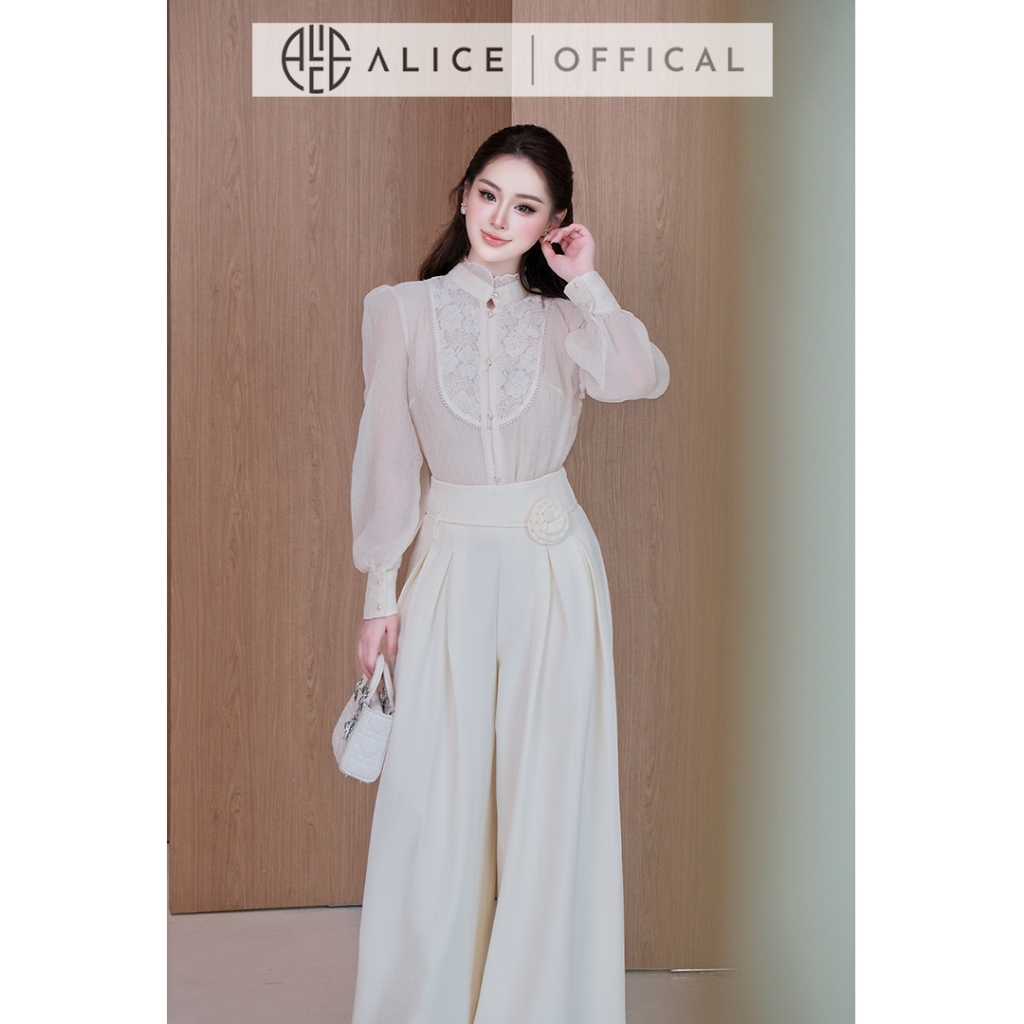 Set Bộ Áo Tơ Nhăn Cổ Tàu Phối Ren Cao Cấp Alice, Kèm Áo Quây & Quần Suông Ống Rộng Thời Trang Nữ Sang Chảnh S1087