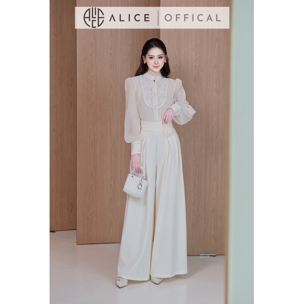 Set Bộ Áo Tơ Nhăn Cổ Tàu Phối Ren Cao Cấp Alice, Kèm Áo Quây & Quần Suông Ống Rộng Thời Trang Nữ Sang Chảnh S1087