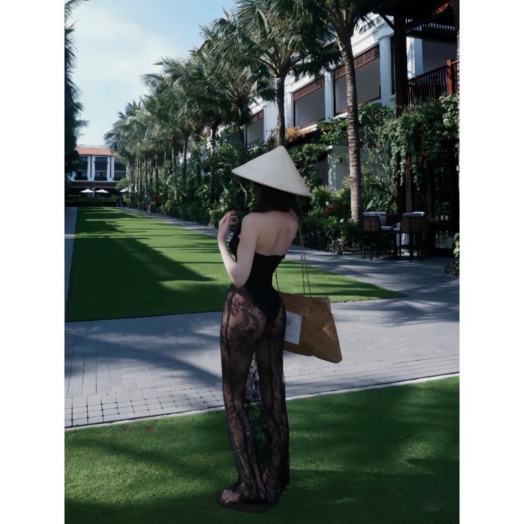 Set bikini maxi đi biển nữ cúp ngực phối ren quyến rũ sang chảnh váy lưới đi biển nữ thời trang hè