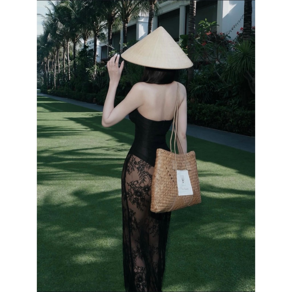 Set bikini maxi đi biển nữ cúp ngực phối ren quyến rũ sang chảnh váy lưới đi biển nữ thời trang hè