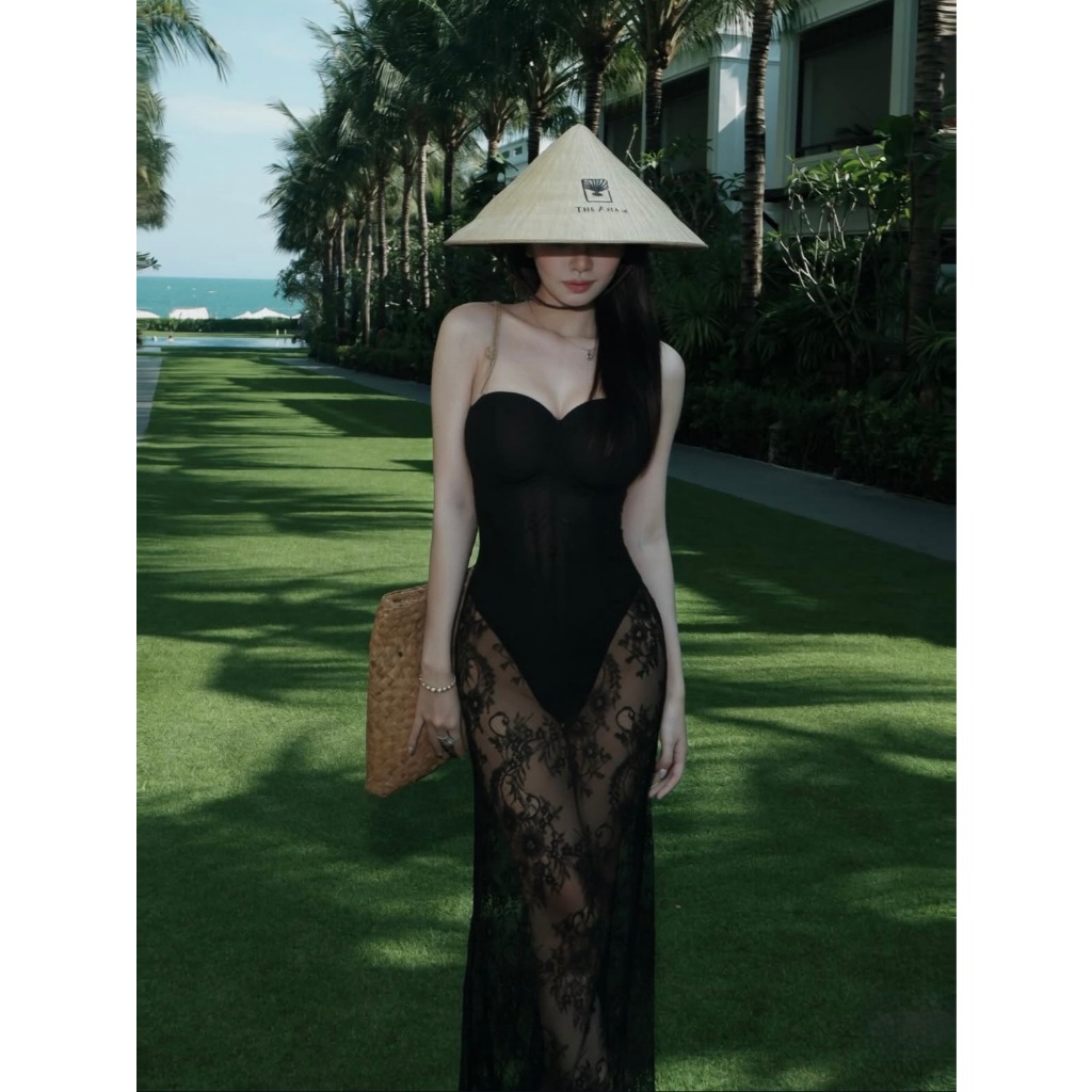 Set bikini maxi đi biển nữ cúp ngực phối ren quyến rũ sang chảnh váy lưới đi biển nữ thời trang hè