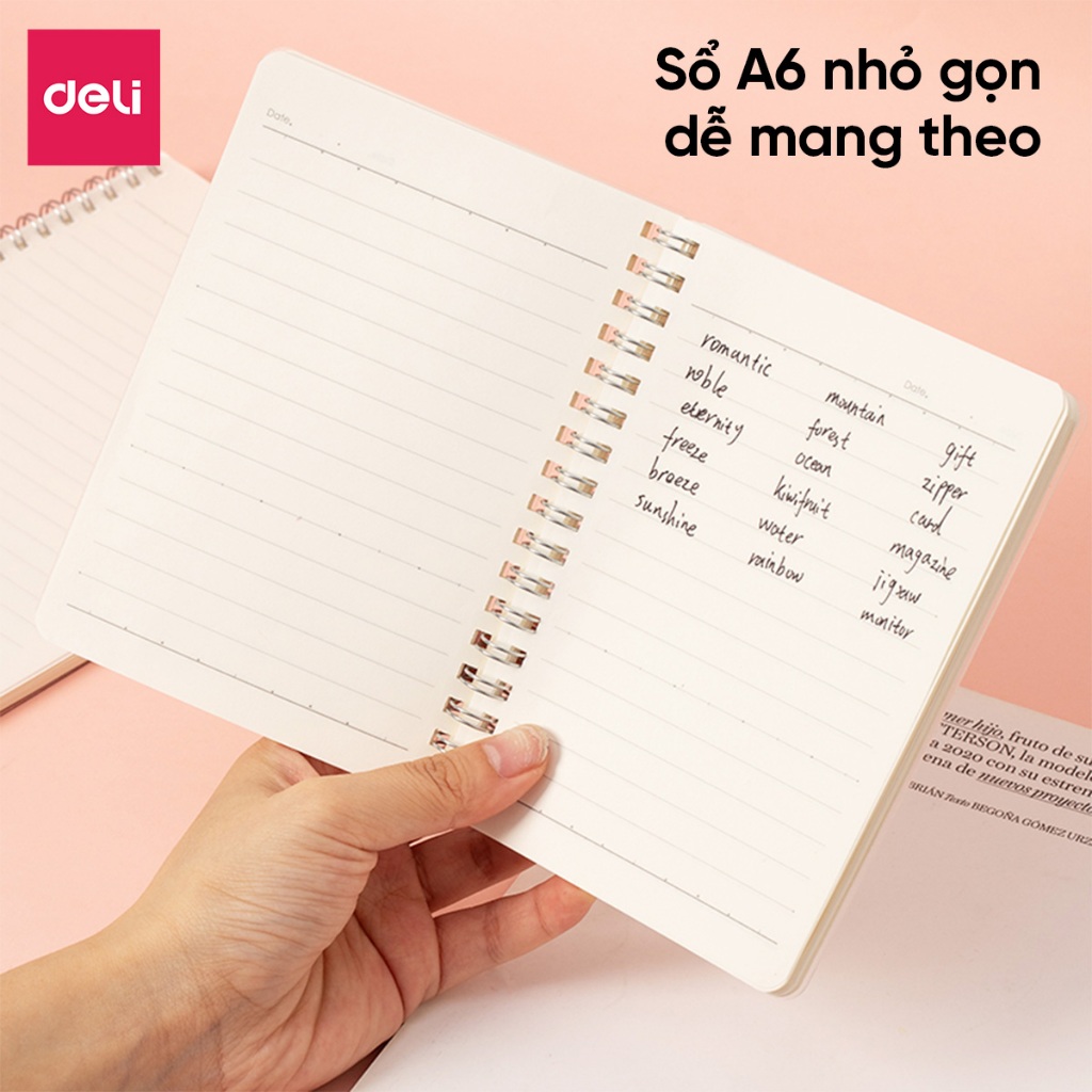 Sổ lò xo A6 60 tờ Deli- Sổ bìa nhựa PP chống nước 120 trang giấy dày 70GSM- Thiết kế nhỏ gọn sổ tay